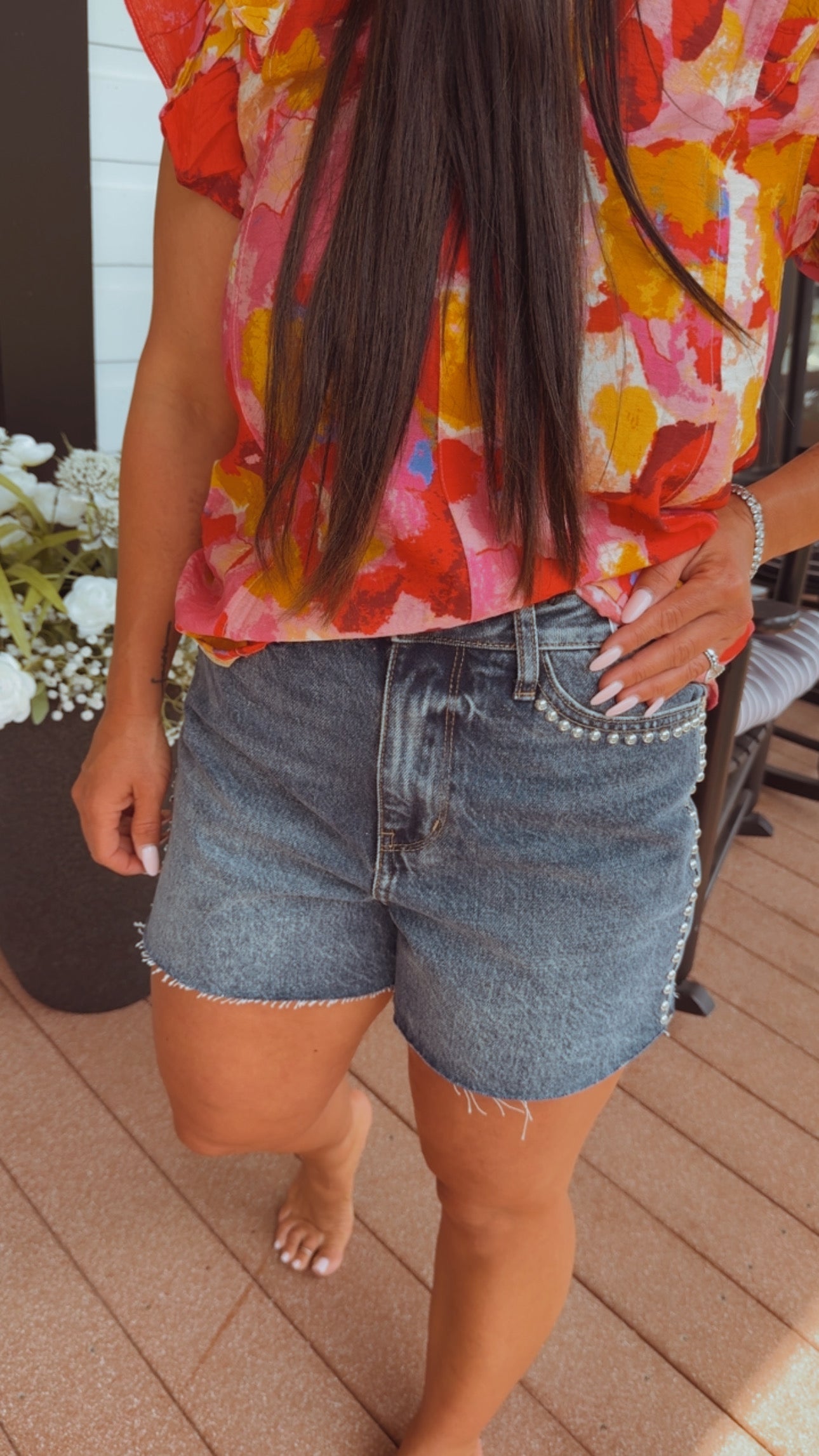 Judy Blue Medium Wash Silver Studded Magic Rigid Front Stretch Back Denim Shorts