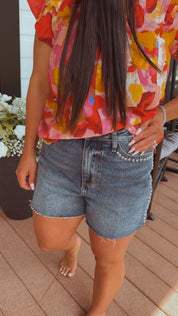 Judy Blue Medium Wash Silver Studded Magic Rigid Front Stretch Back Denim Shorts