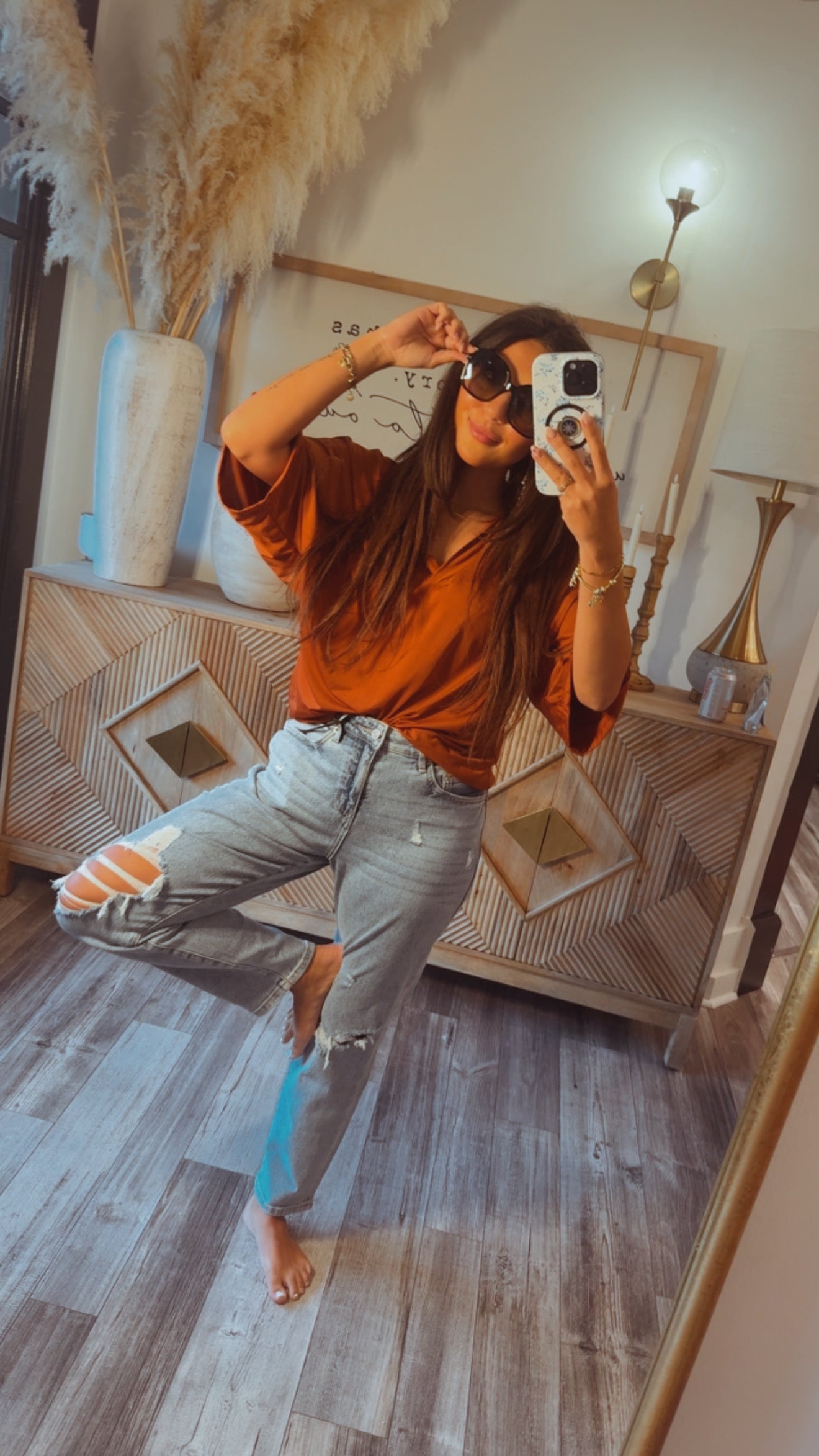 Long Sleeve Loose Fit Vneck Top Brick