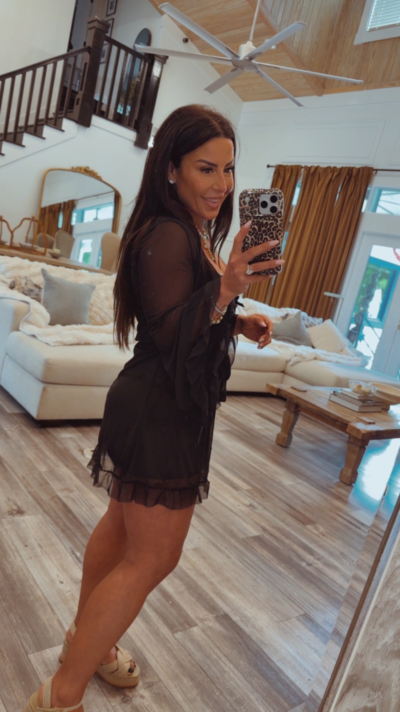 Jeaneanes 3 Piece Black Sheer  Lingerie and Robe PJ Set