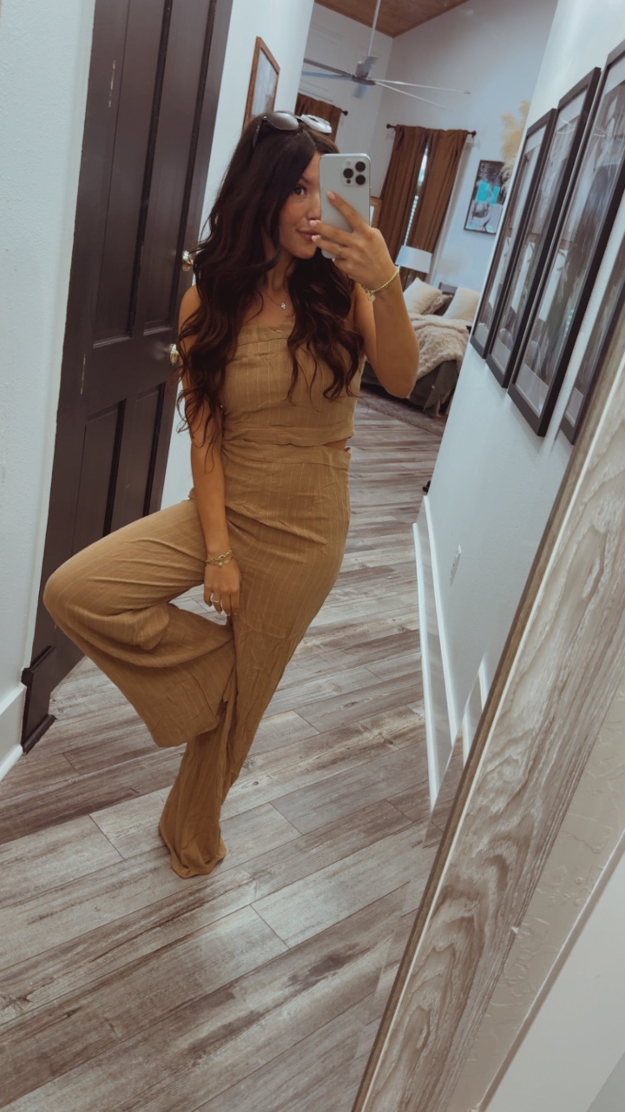 Chic Brown and  White Stripe Cutout Jumpsuit