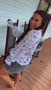 Ultra Soft Lightweight White and Floral Button Up Blouse