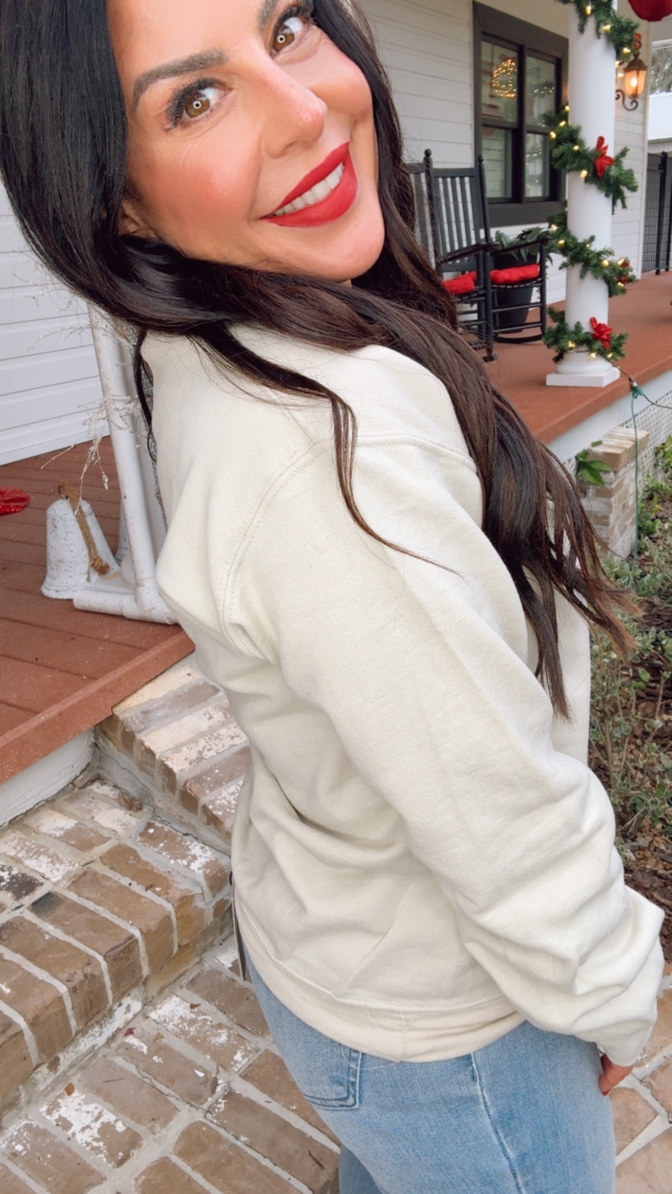 Taupe And Pink Merry Christmas Farm Truck Crewneck