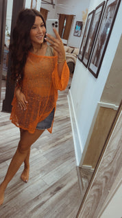 Chic Orange Knit Long Sleeve Cover Up Top