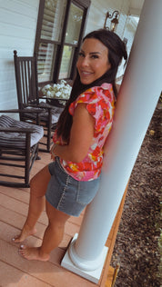 Red and Pink Watercolor Floral Ruffle Sleeve Top