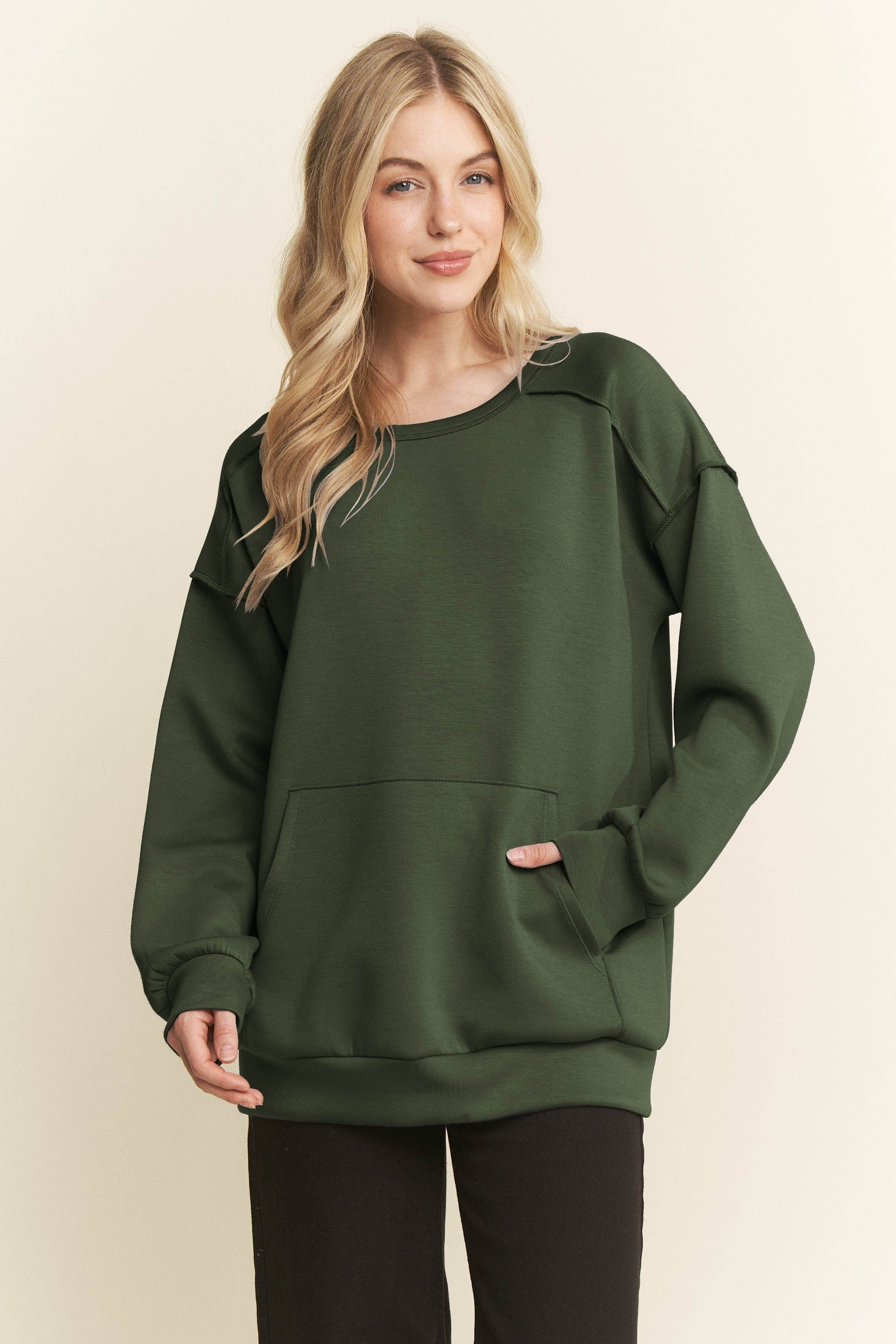 Olive  Long Sleeve Solid Scuba Sweater