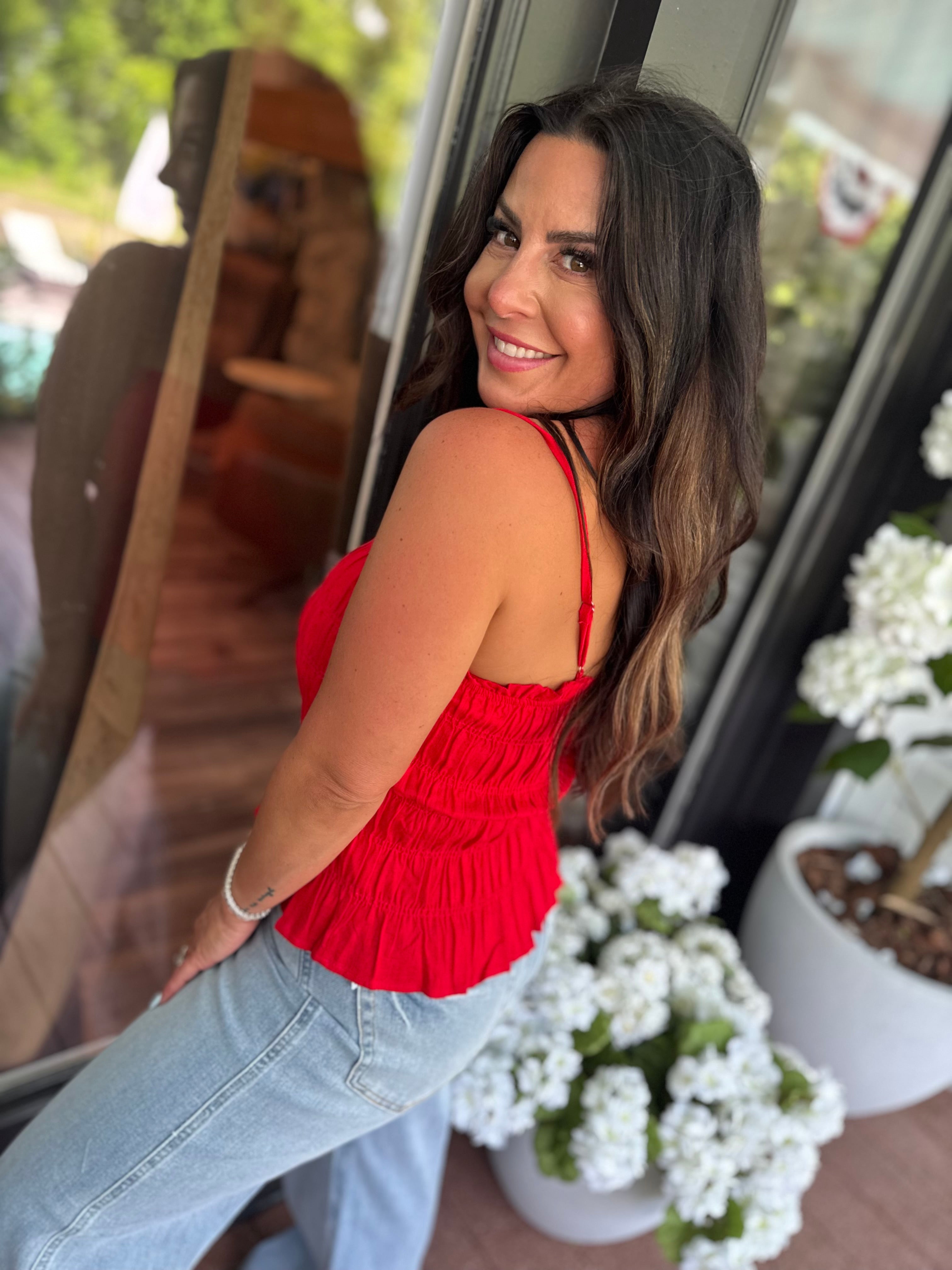 Luxe Red Textured Sleeveless Top Stich&Co