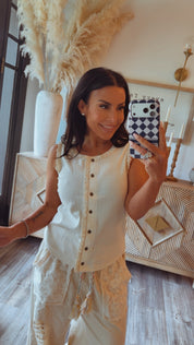 POL Cream Round Neck Button Up Sleeveless Top