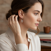 Gold and Pearl Cross Dangle Earrings