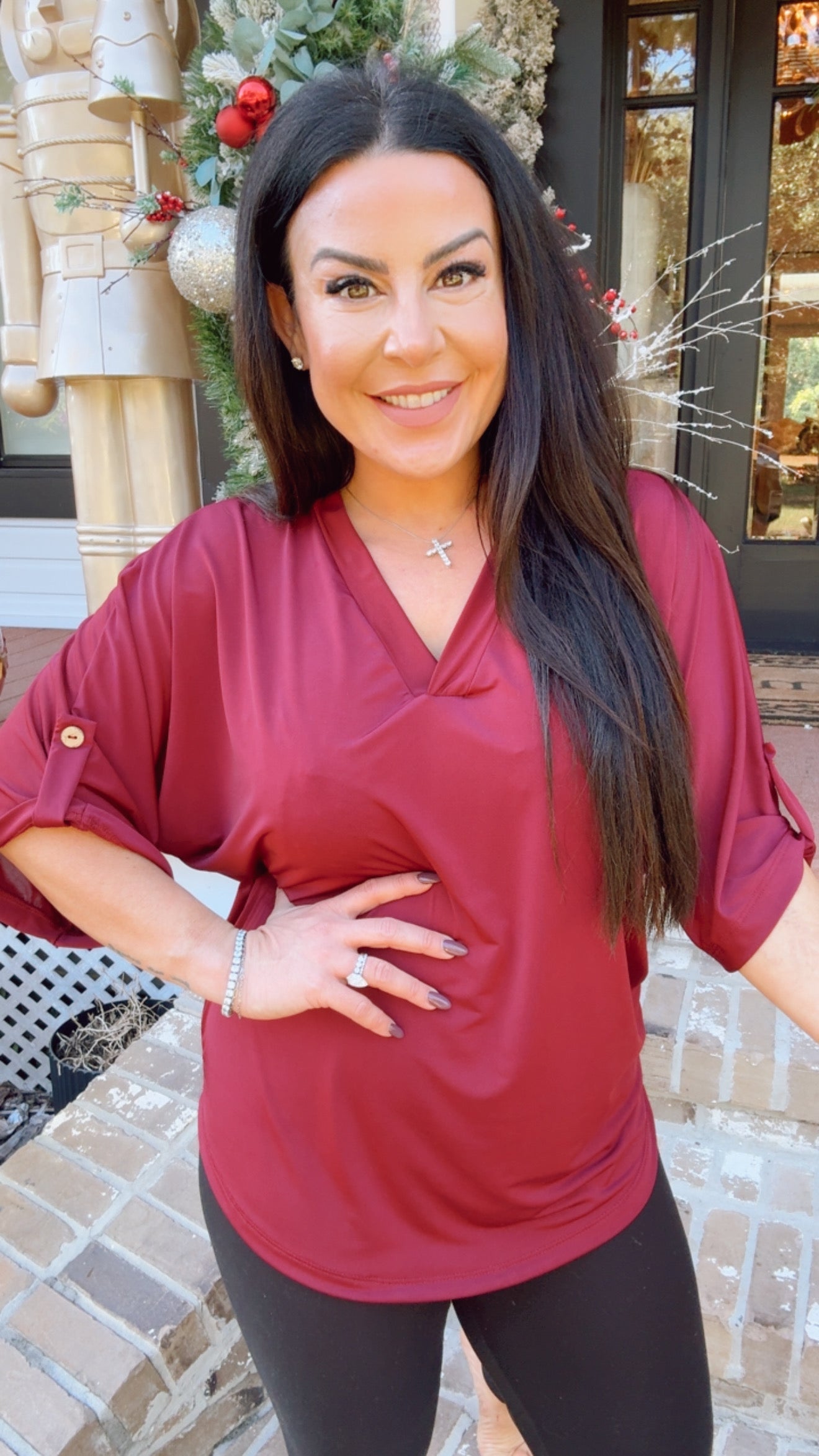 Ultra Soft 1/4 Sleeve Wine Vneck Top