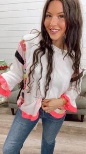 White Micro Waffle Knit Long Sleeve Top  With Camo and Pink Ruffle Trim *Final Sale*
