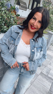 Denim And White Mesh Studded Jacket