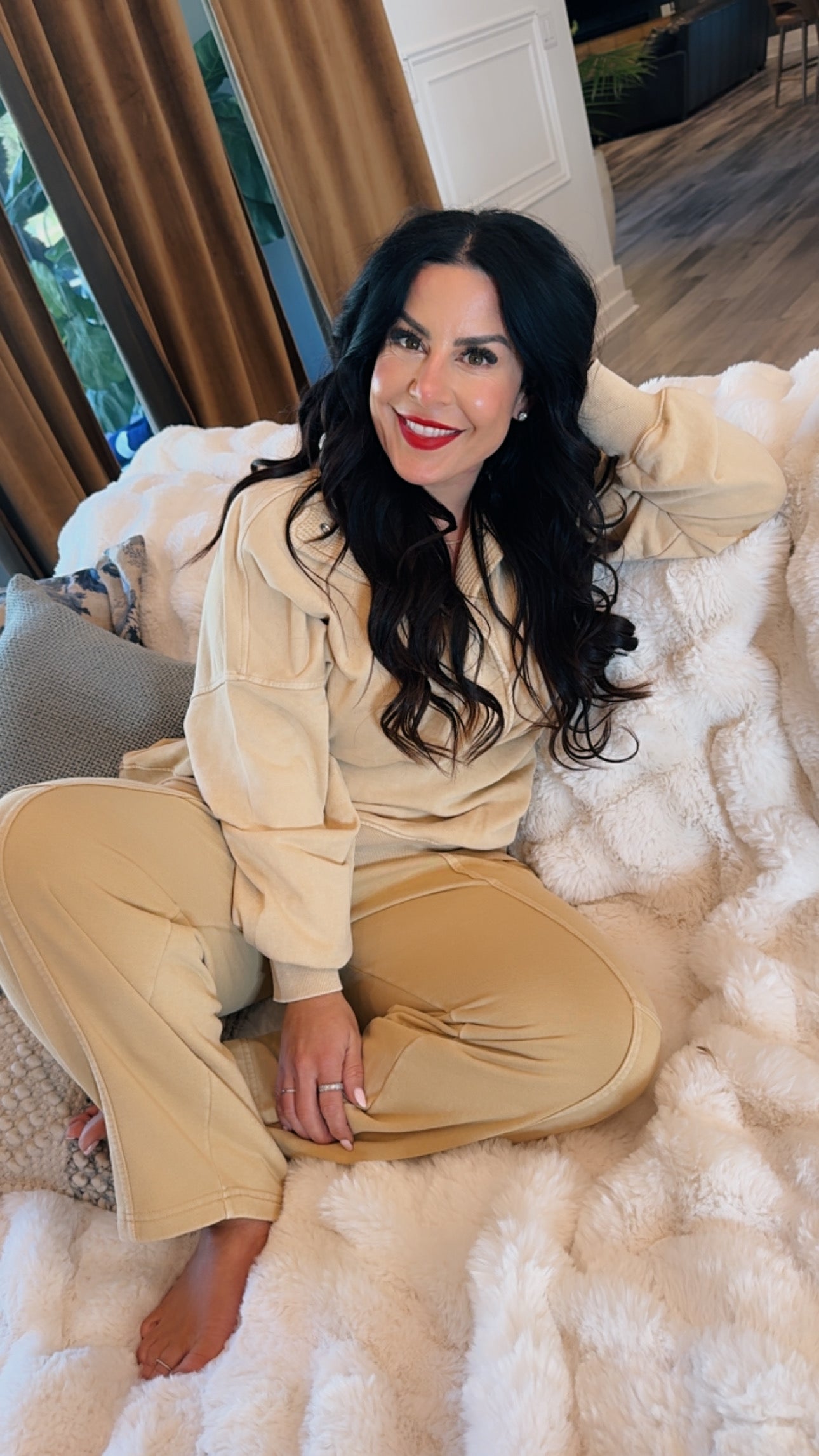 Camel French Terry 1/2 Button Oversize Sweater