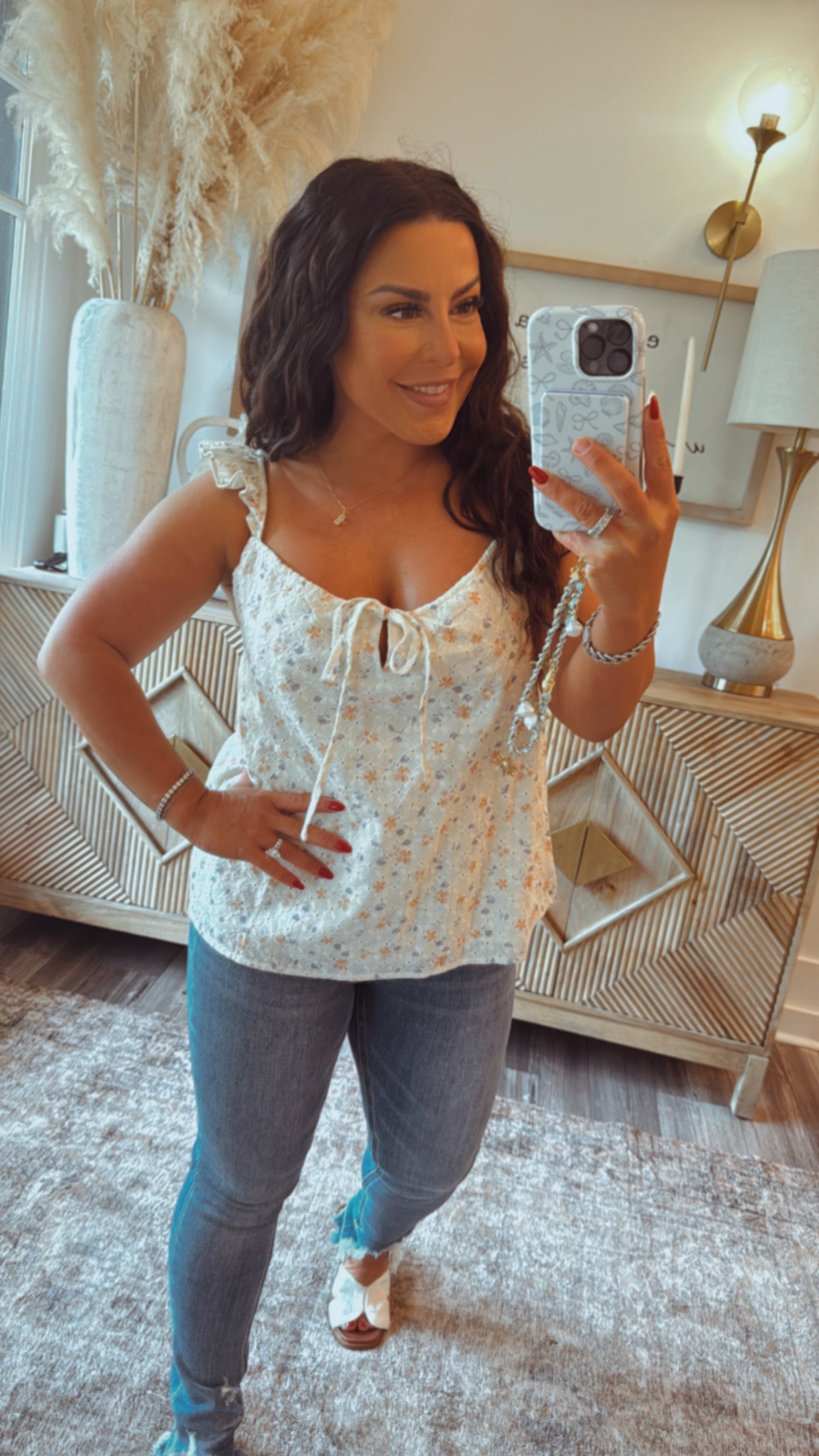 Cream Multi Floral Ruffle Sleeve Tank