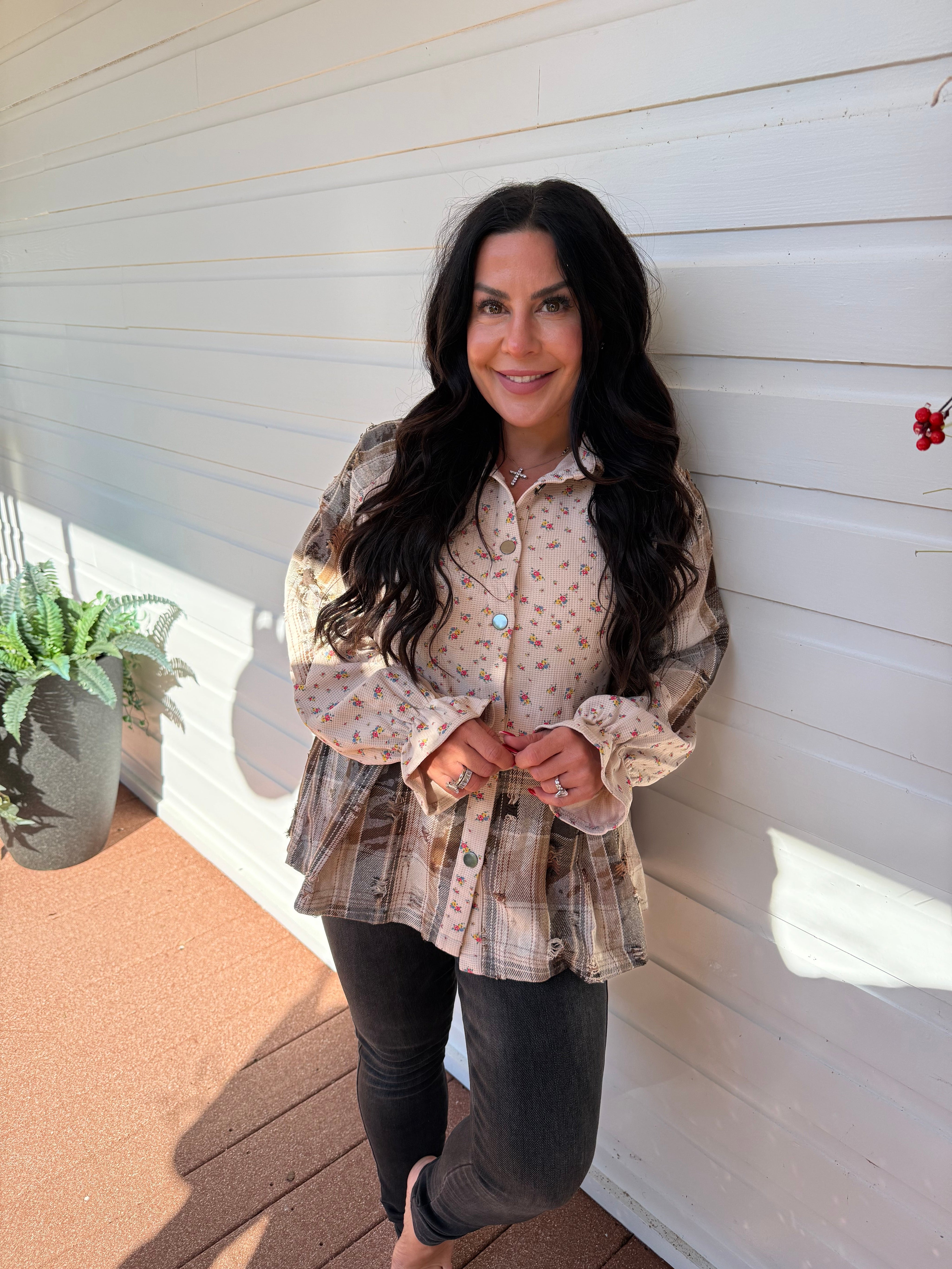 Distressed Flannel and Floral Button Up Shacket