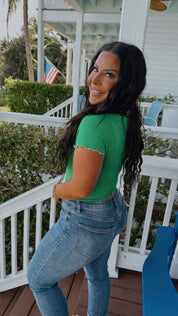 Kelly Green Top With White Bow Detail