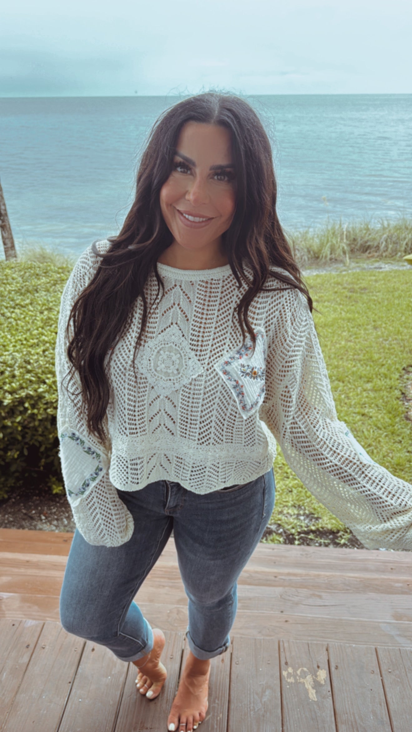 Cream Knit Floral Patchwork POL Top