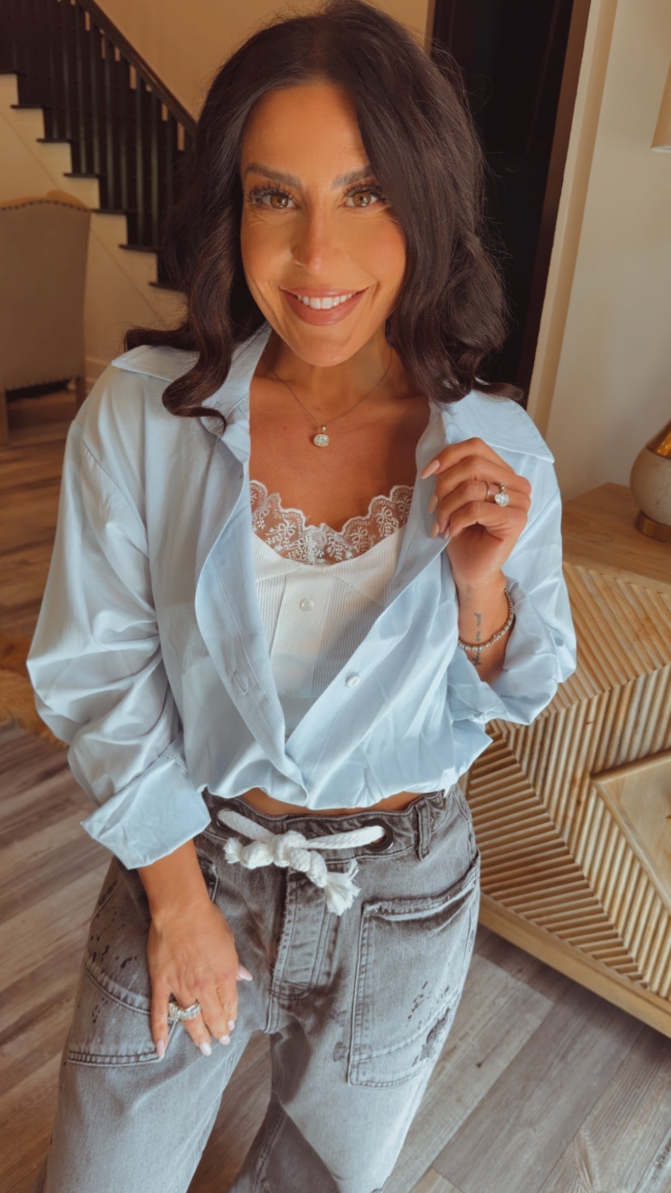 Luxe Baby Blue and White Lace Cami Long Sleeve Top