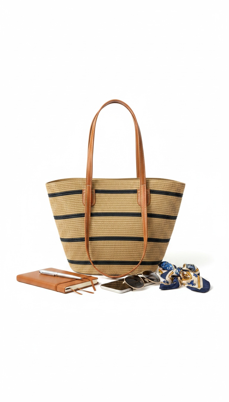 Dark Tan And Black Striped Straw Bag