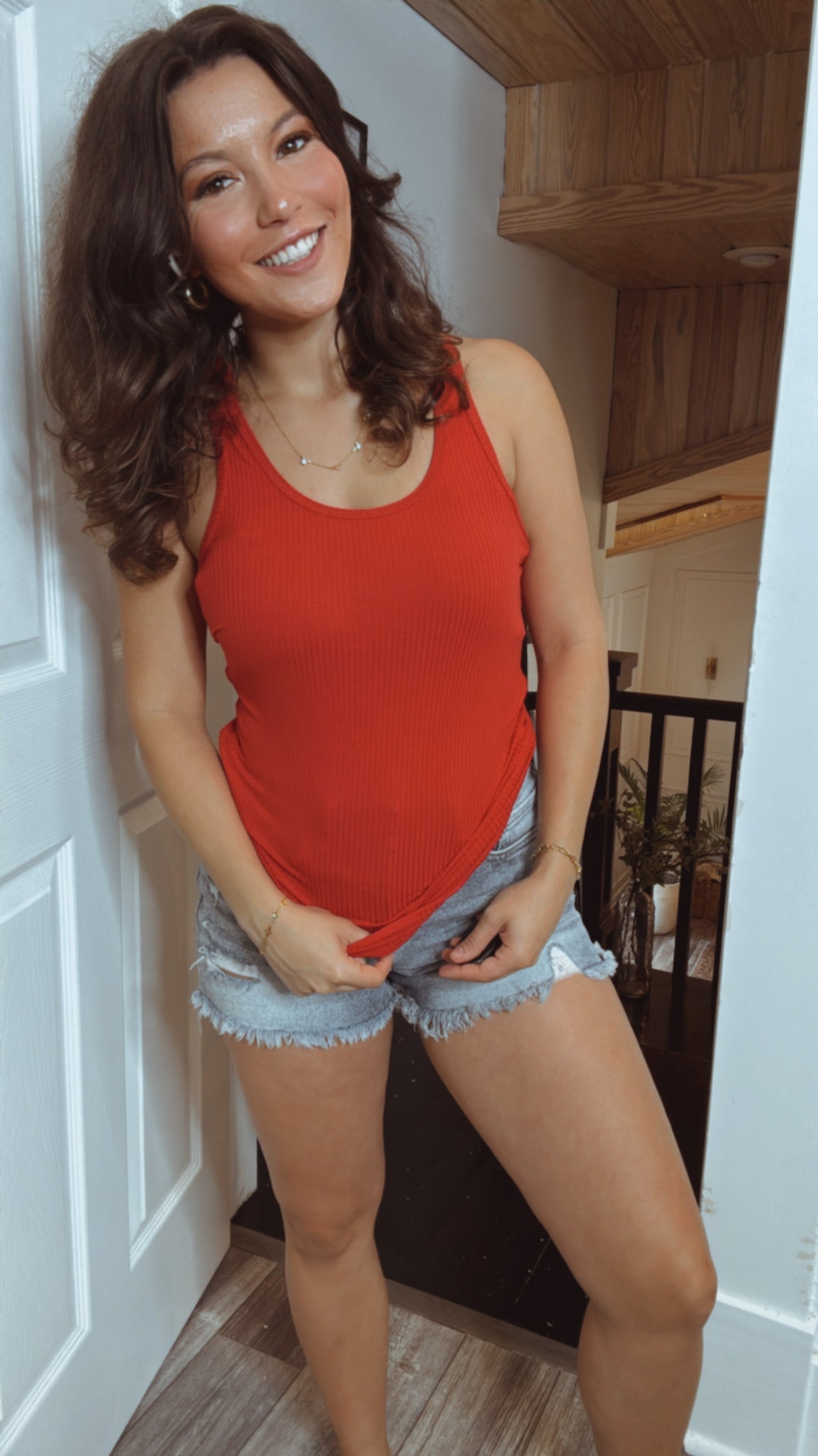 Red Scoop Neck Ribbed Tank
