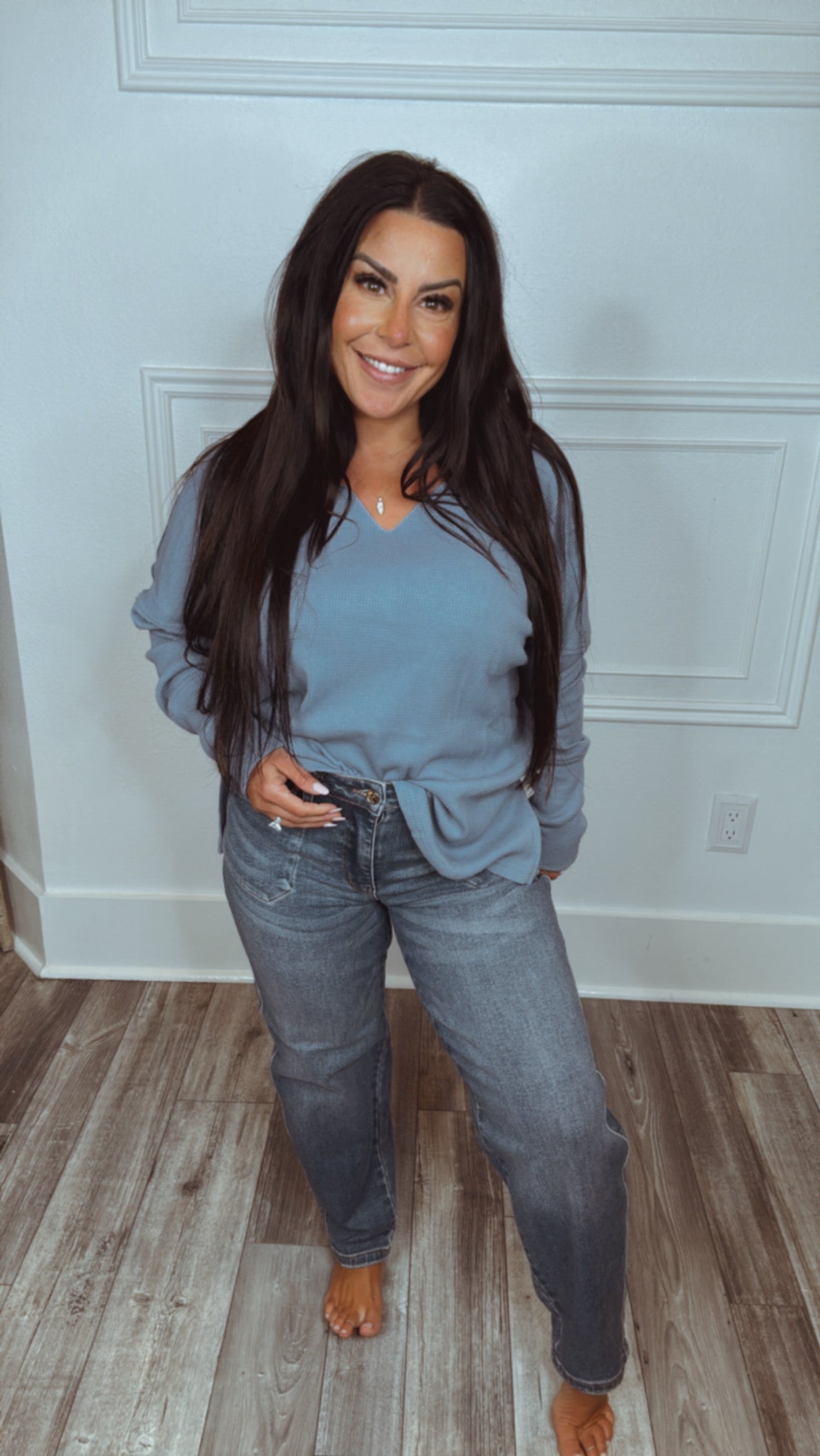 Blue Loose Fit Waffle Knit Raw Hem Sweater Top