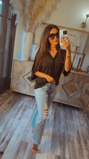 Long Sleeve Loose Fit Vneck Top Black