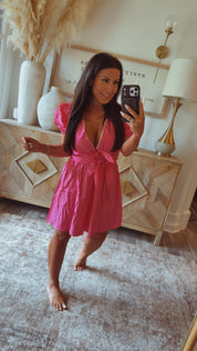 Pink Puff Sleeve Tie Back  Dress