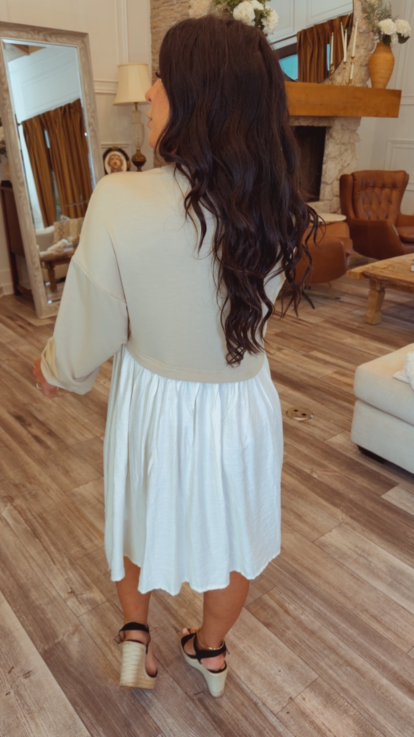 Beige and White Cropped Sweater Dress