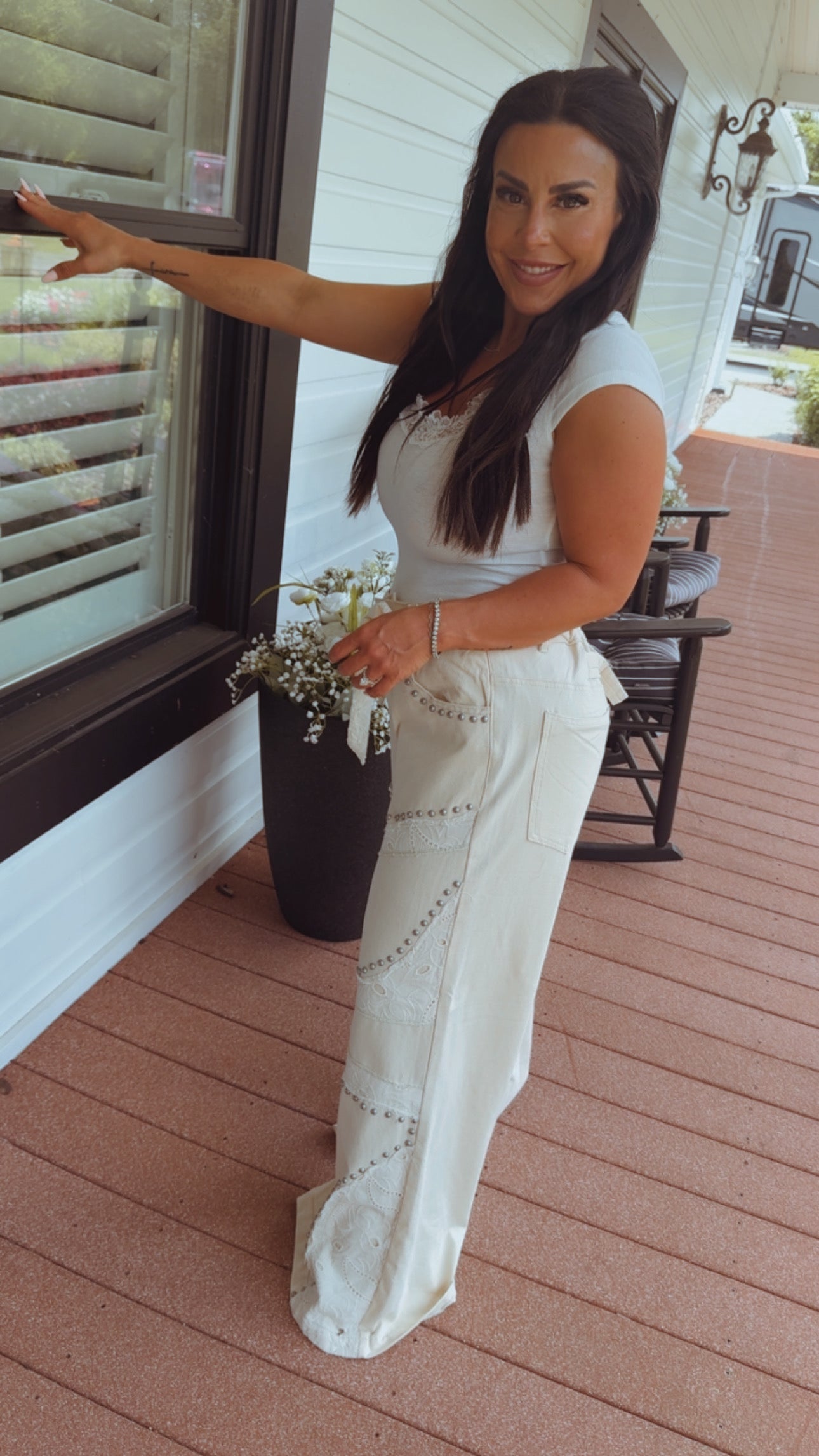 Chic POL Natural and Striped Denim And Lace Pants
