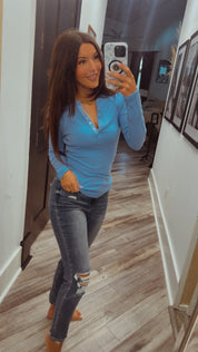 Denim 1/4 Button Ribbed long Sleeve Top