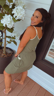 Olive and Cream Waffle Knit Tank Dress With Pockets
