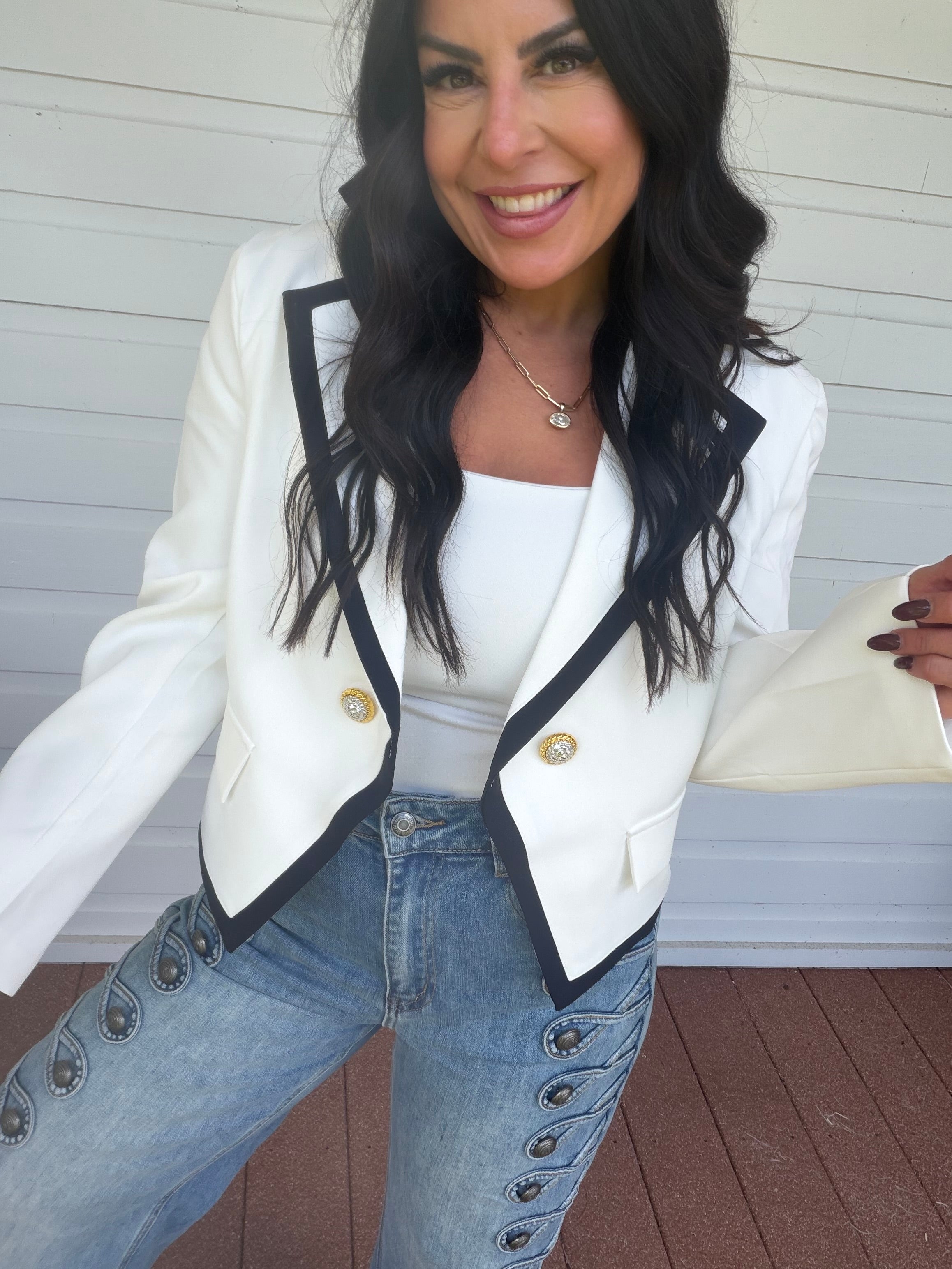 Chic White and Black Trim Gold Button Blazer