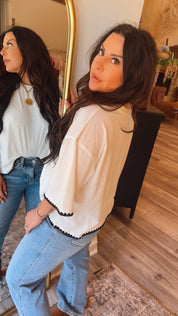White And Black Scalloped Hem Top