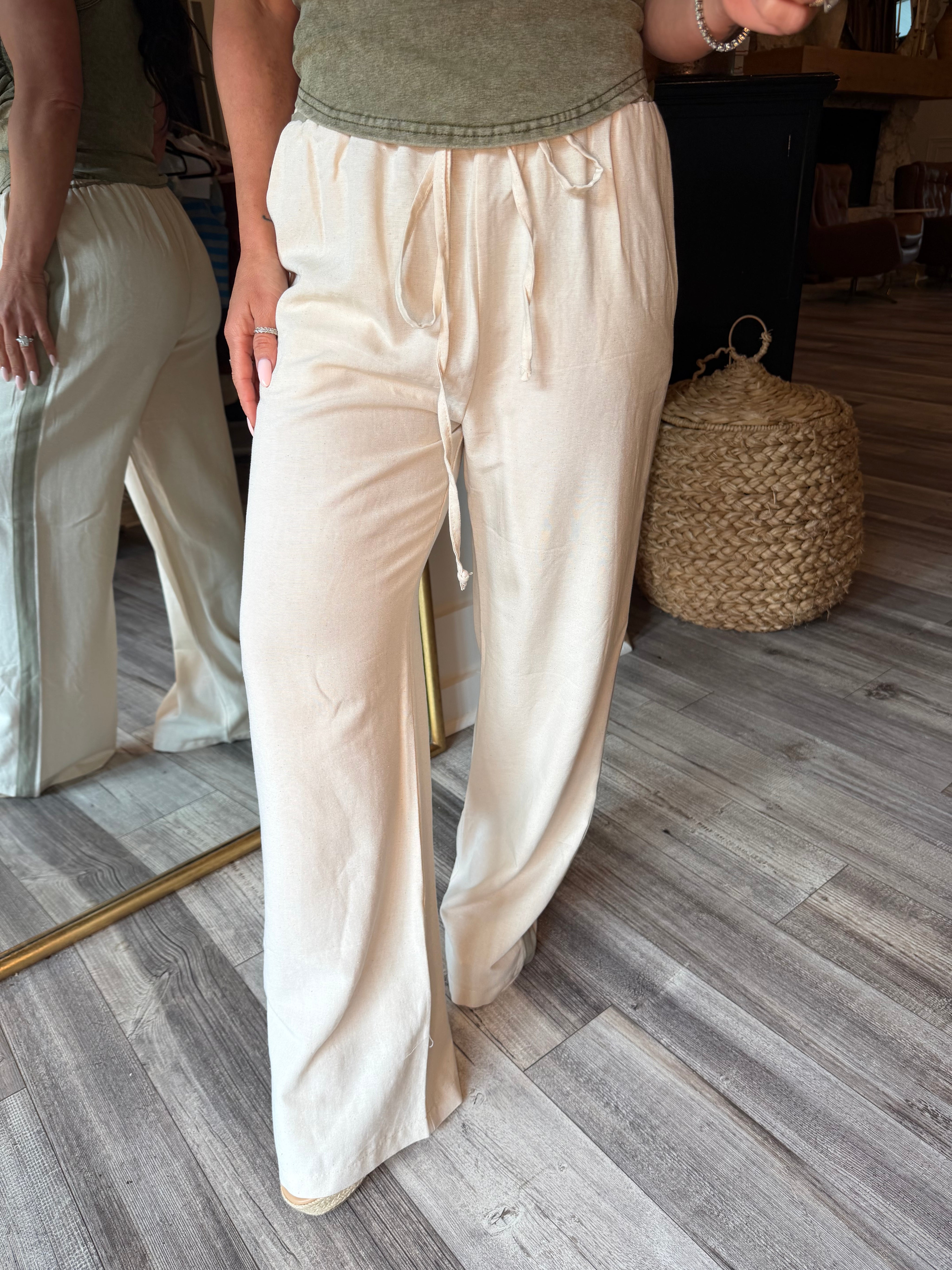 Chic Olive and Cream Linen Straight leg Trouser