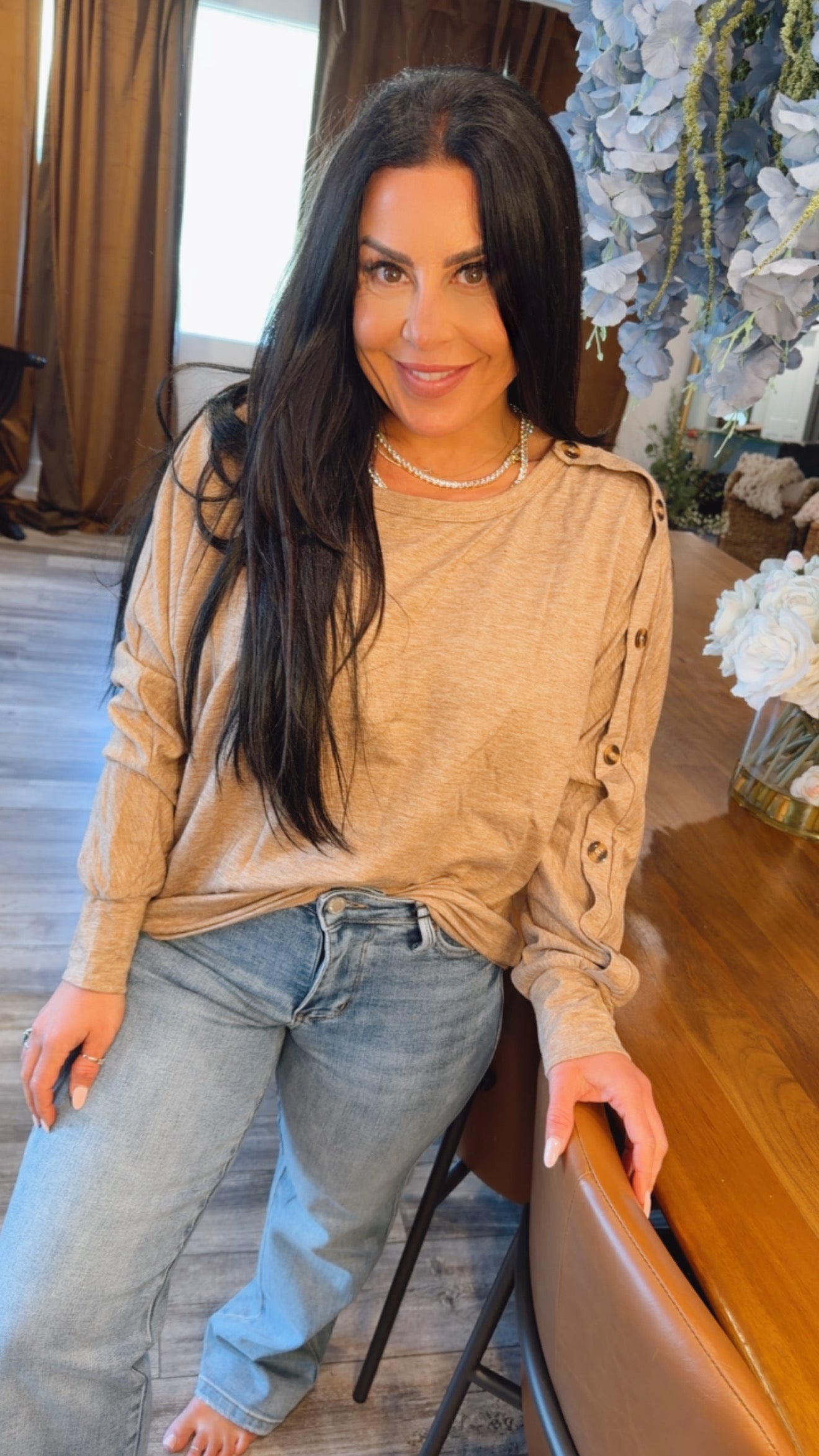 Light Brown Long Sleeve Button Top