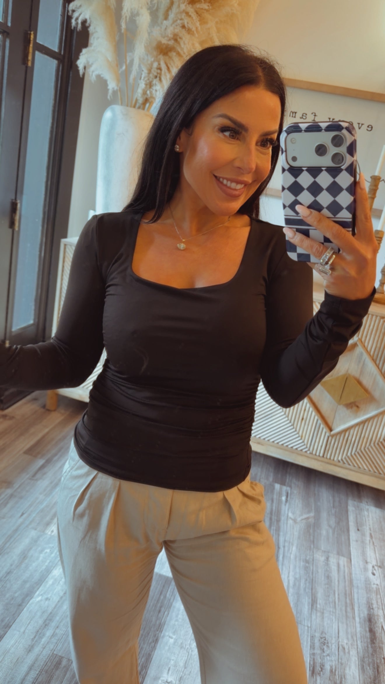 Black Square Neck Long Sleeve Top