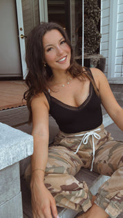 Sassy Ribbed Black Lace Trim Bodysuit