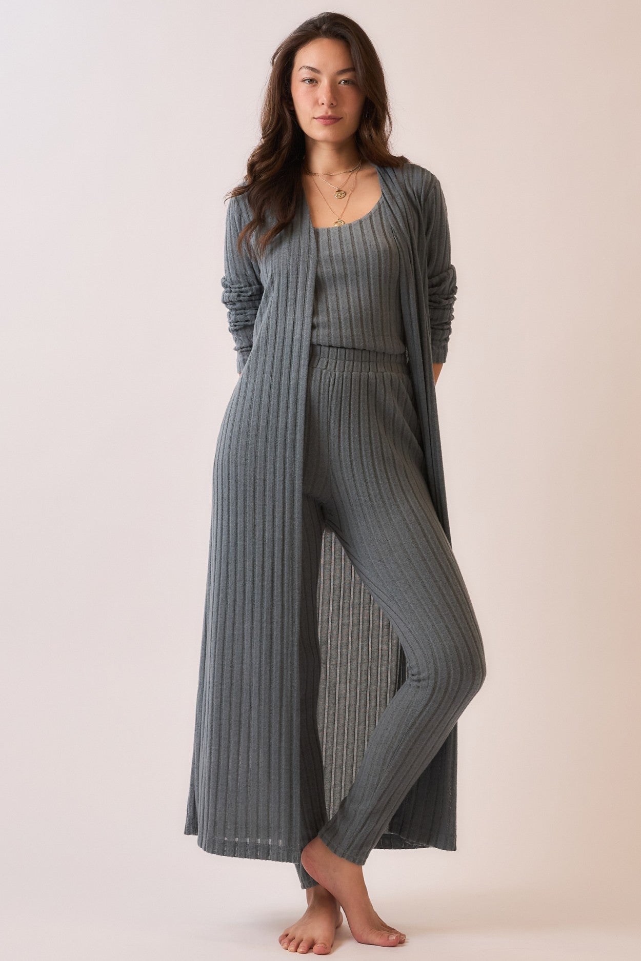Cozy Co Dark Blue Soft Ribbed Long Duster Cardigan