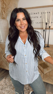 Blue and White Striped Button Up Long Sleeve Top-DEAL OF THE DAY !!