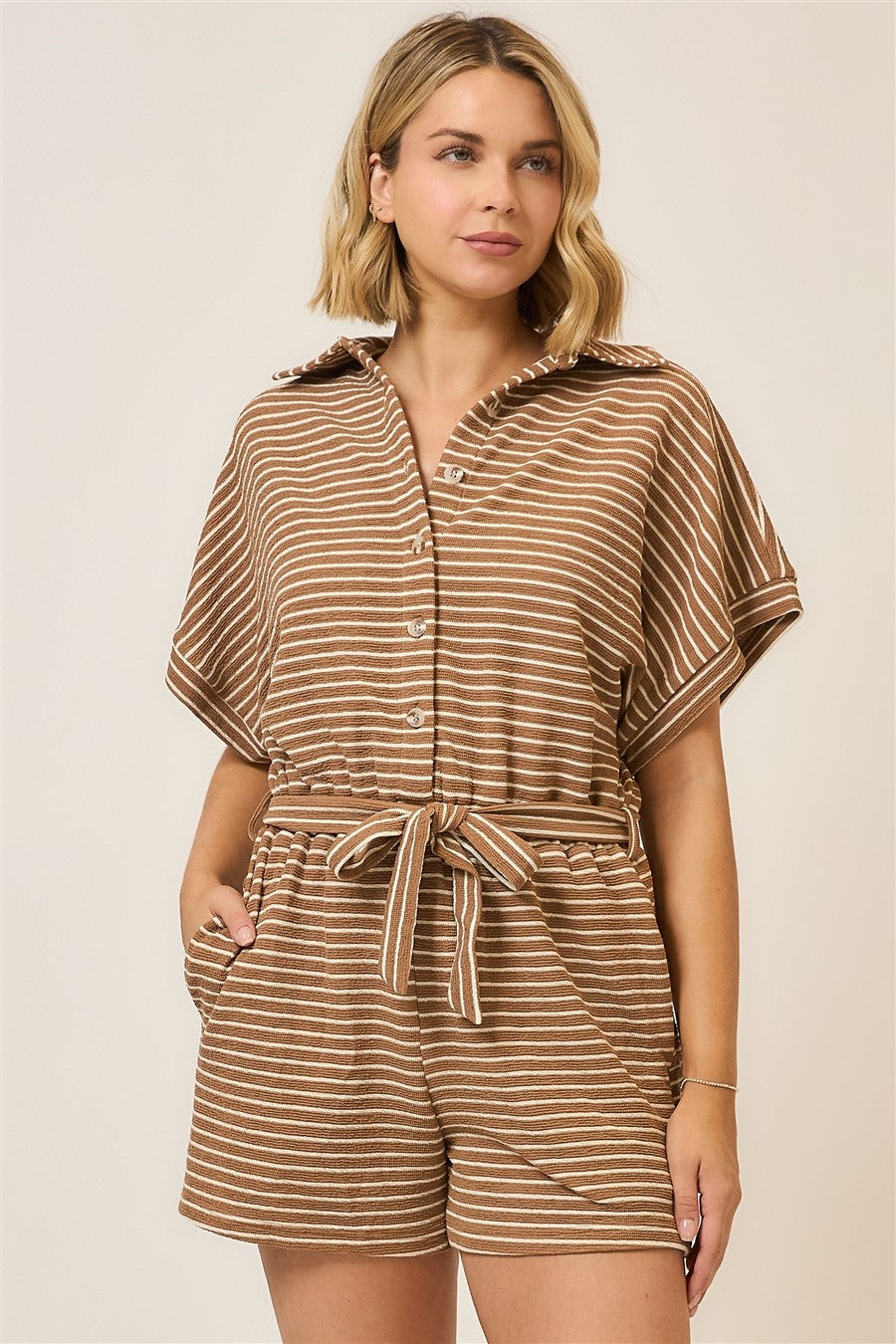Cozy Co Striped Half Sleeve Button Up Waist Tie Romper 30a