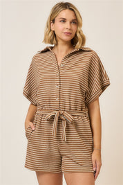 Cozy Co Striped Half Sleeve Button Up Waist Tie Romper 30a