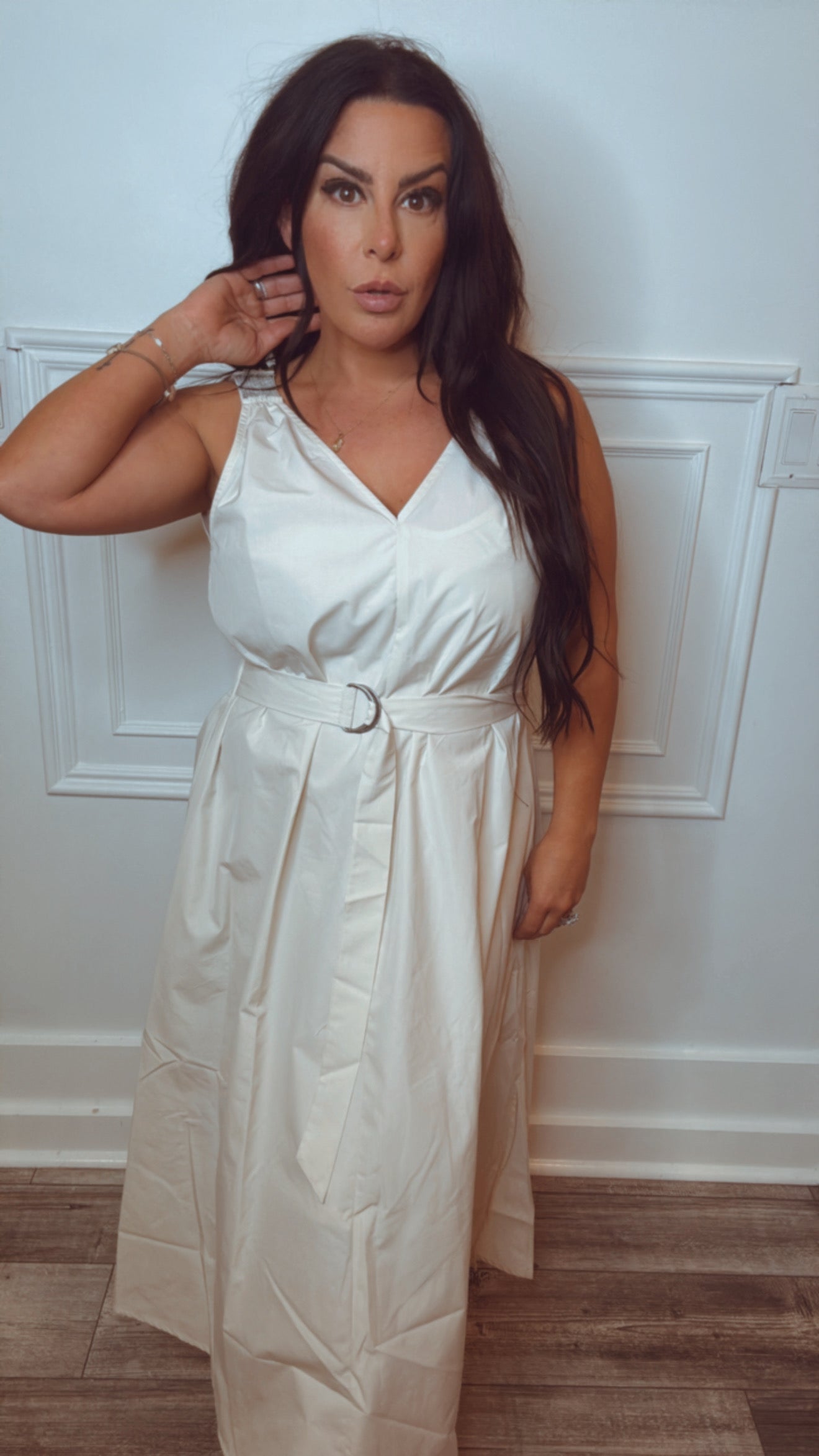 Chic Cream Belted Vneck Dress