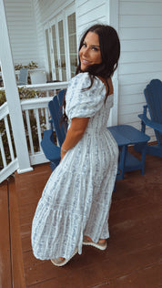 Light Weight Smocked Blue and White Floral Puff Sleeve Dress