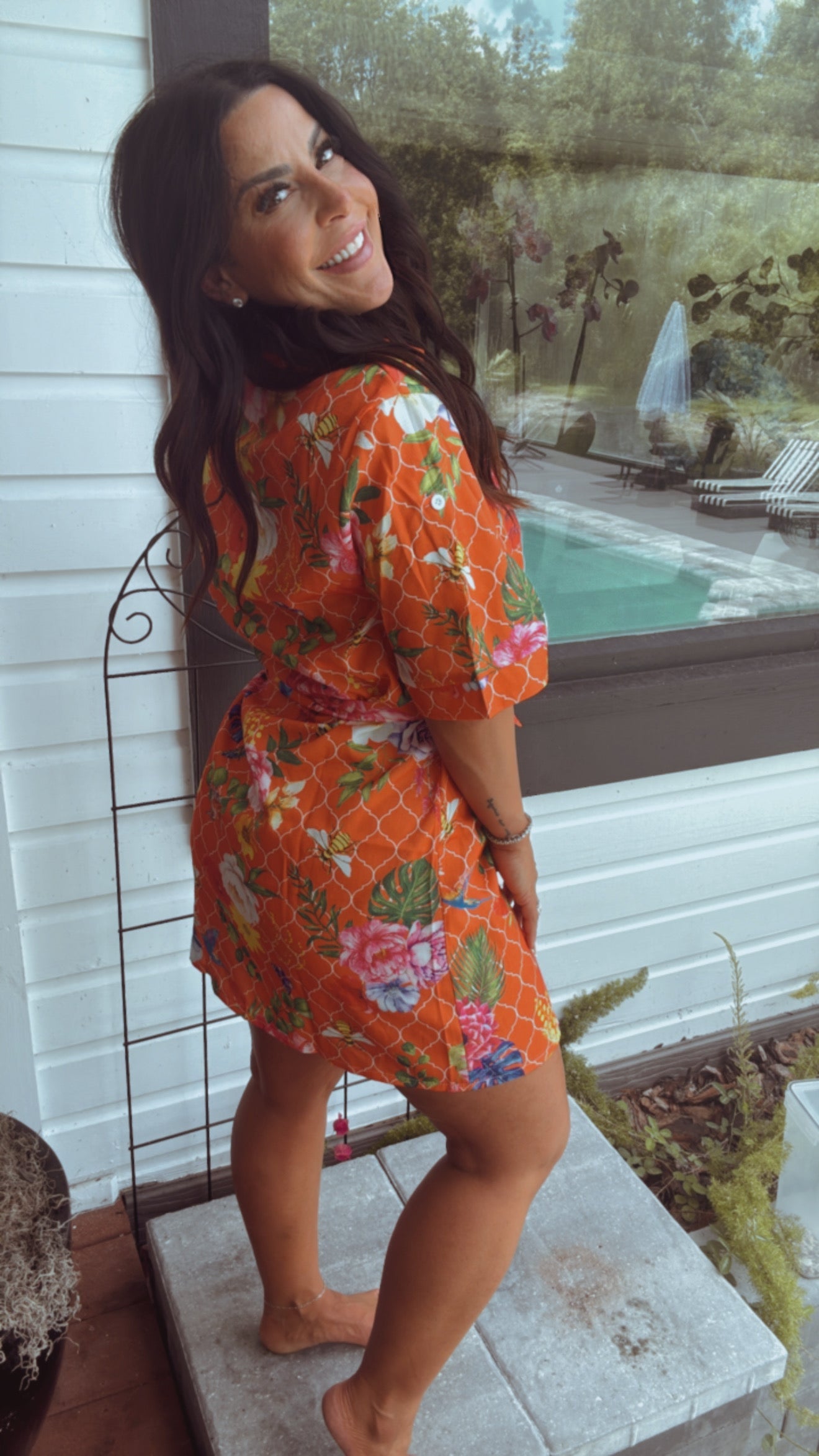 Orange and Floral Button Up Collared Dress