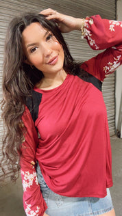 Merlot And Floral Long Sleeve Top *Final Sale*
