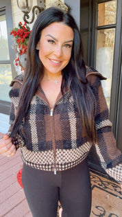 Brown and Black Plaid Knit Cozy Co Plush Jacket