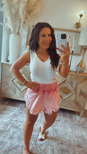 High Waist Pink Distressed Hem Denim Shorts- DEAL OF THE DAY