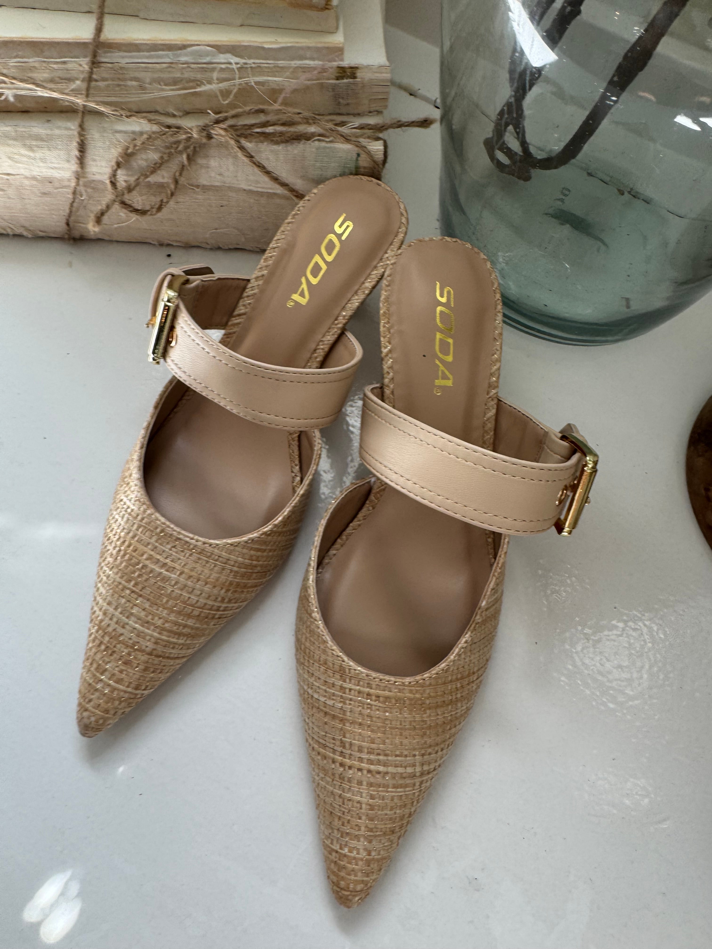 Gold and Natural Point Toe heels