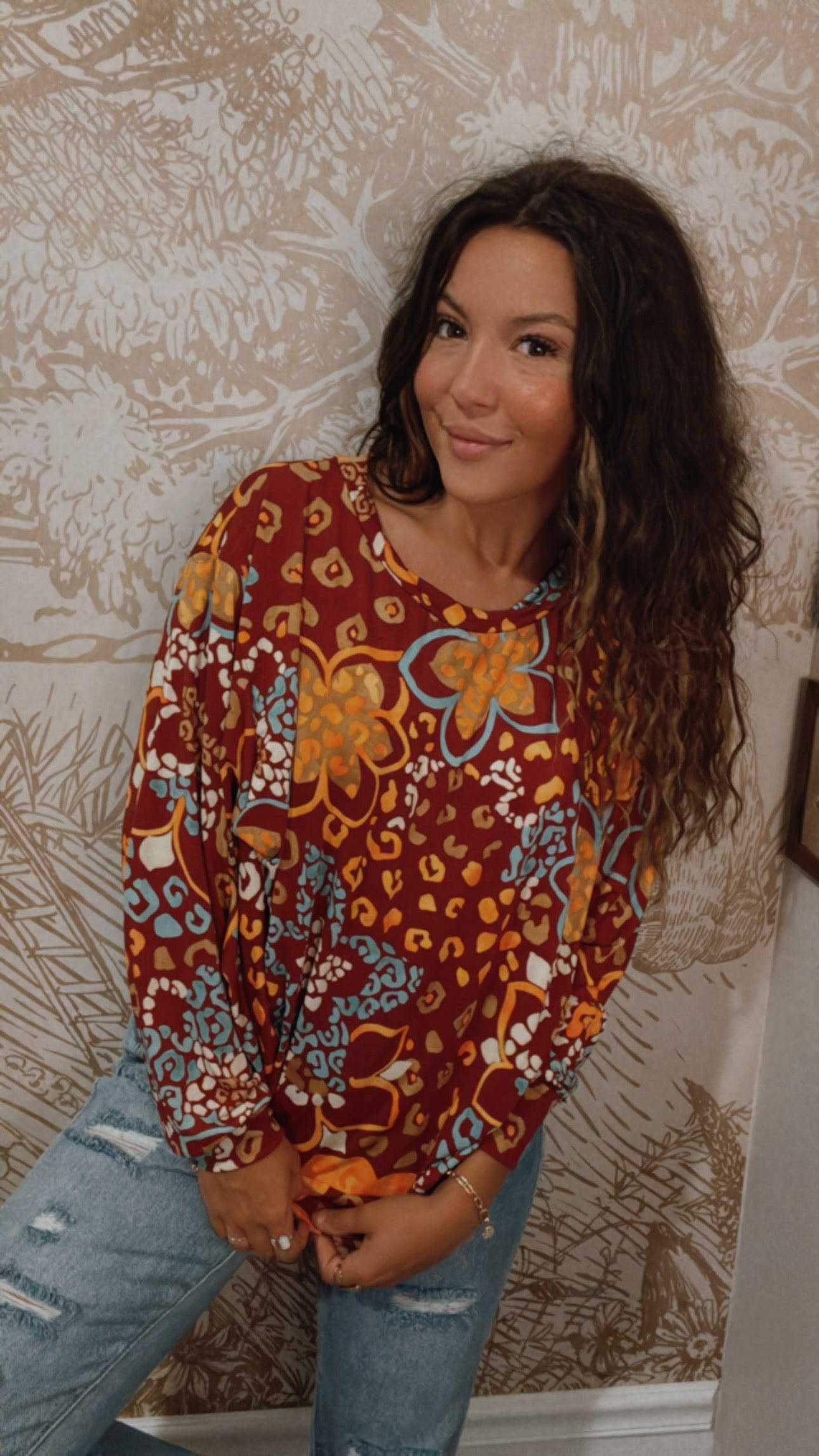 Rust and Teal Long Sleeve Top