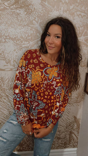 Rust and Teal Long Sleeve Top